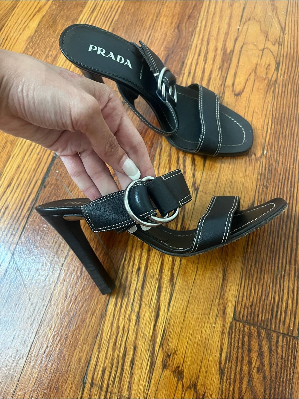 PRADA Black Leather Buckle Slide Sandals - Picture 2 of 6
